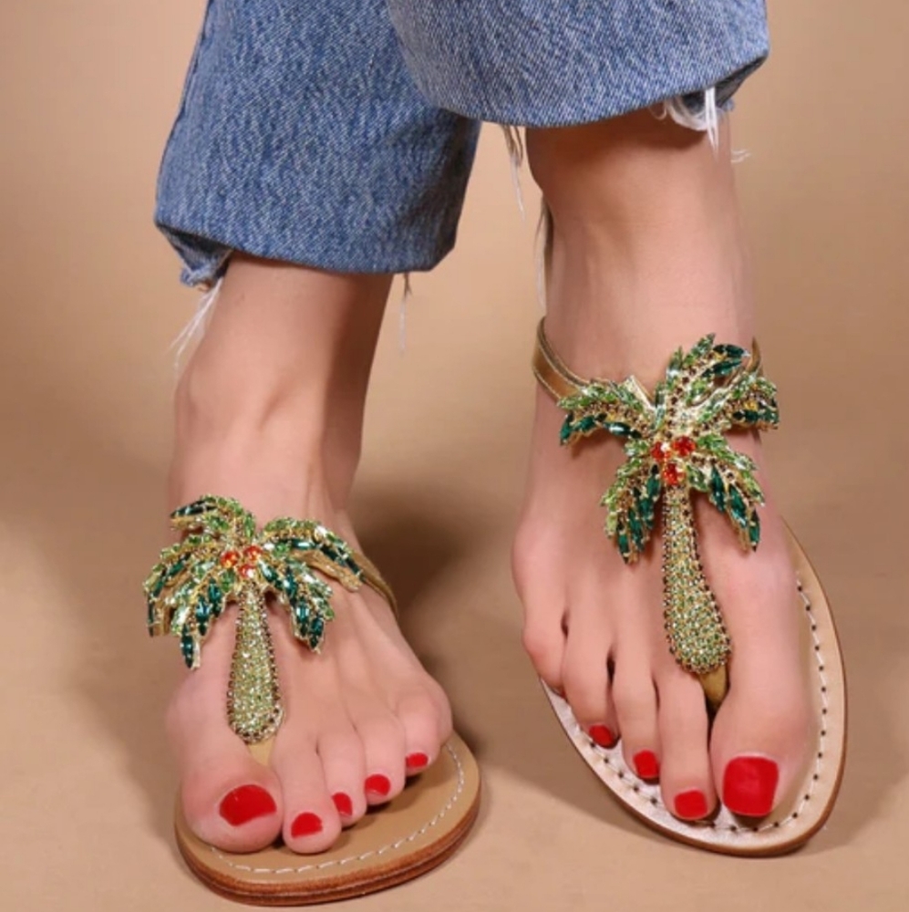 Elegant Gold and Green Palm Tree Sandals